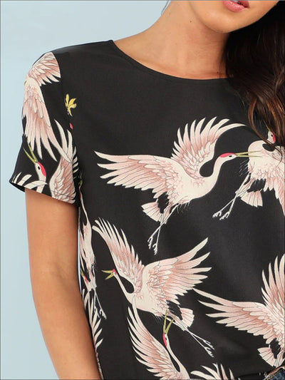 Womens Pink Crane Print Casual Blouse - Womens Tops