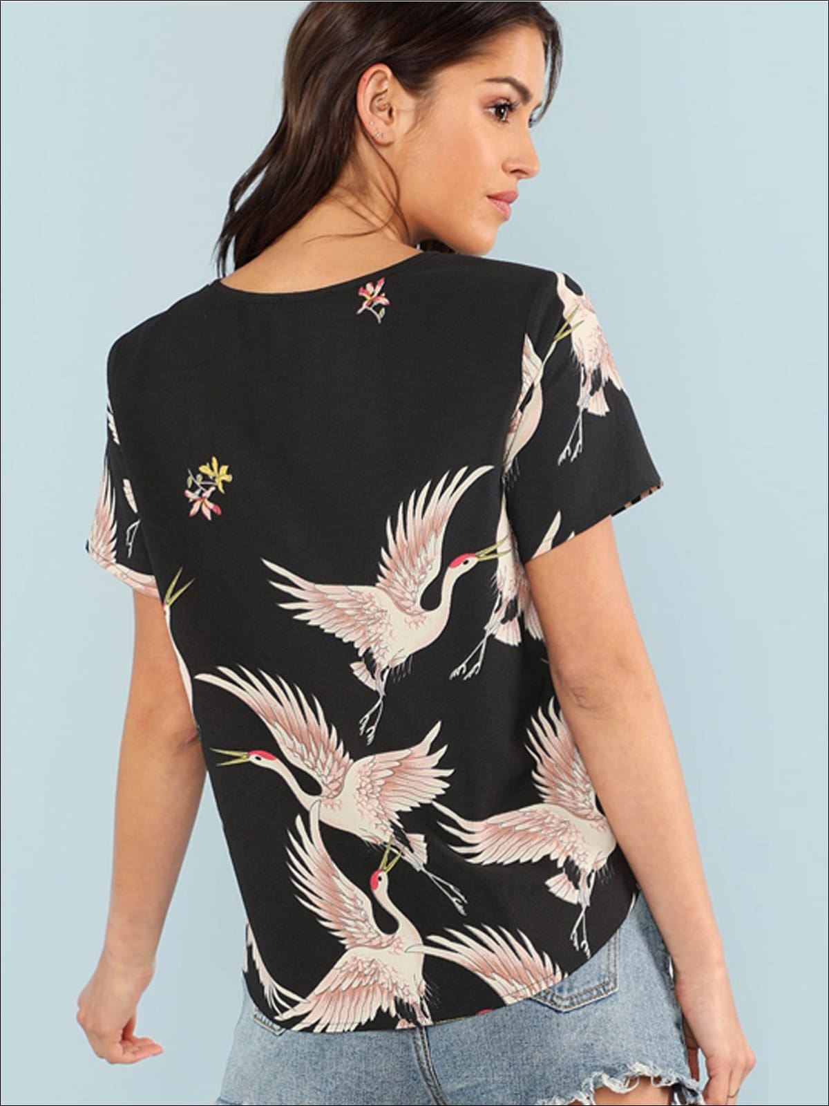 Womens Pink Crane Print Casual Blouse - Womens Tops