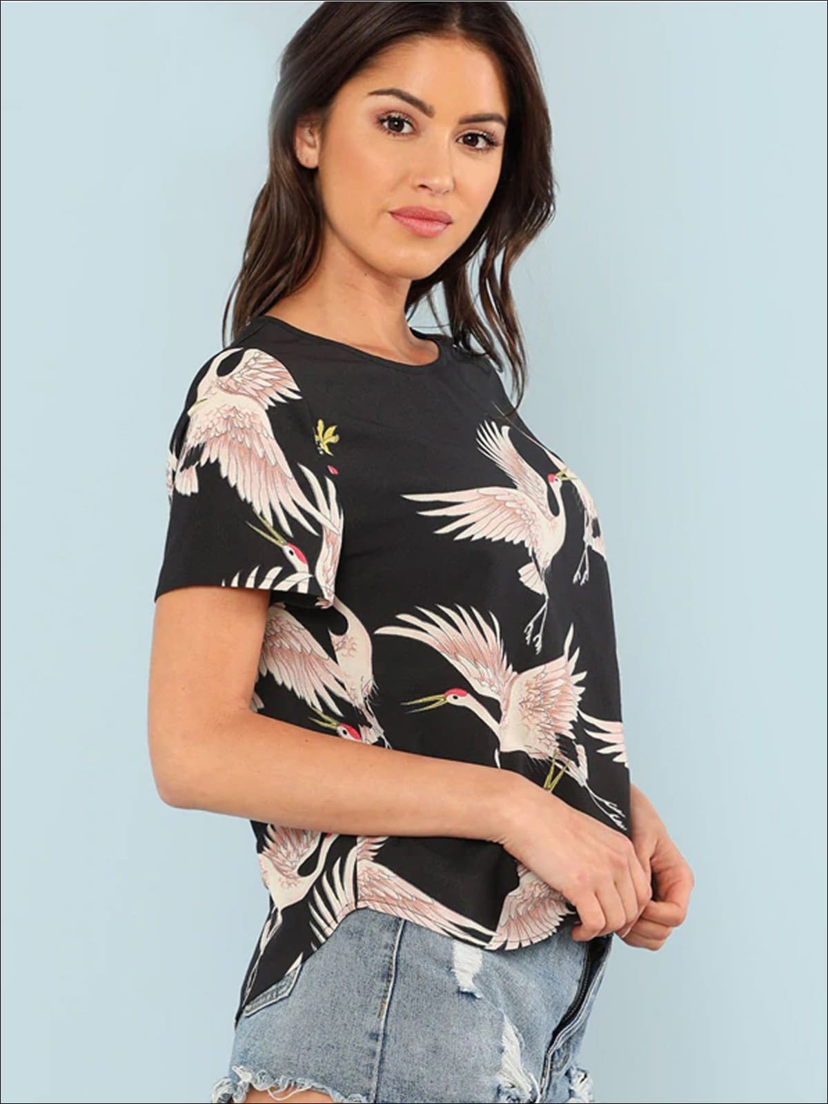 Womens Pink Crane Print Casual Blouse - Womens Tops