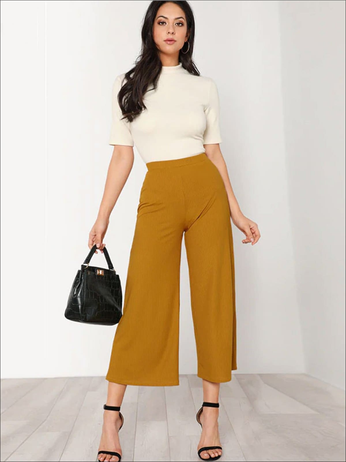 Womens Plain Elastic Mid Waist Culotte Pants - Womens Bottoms