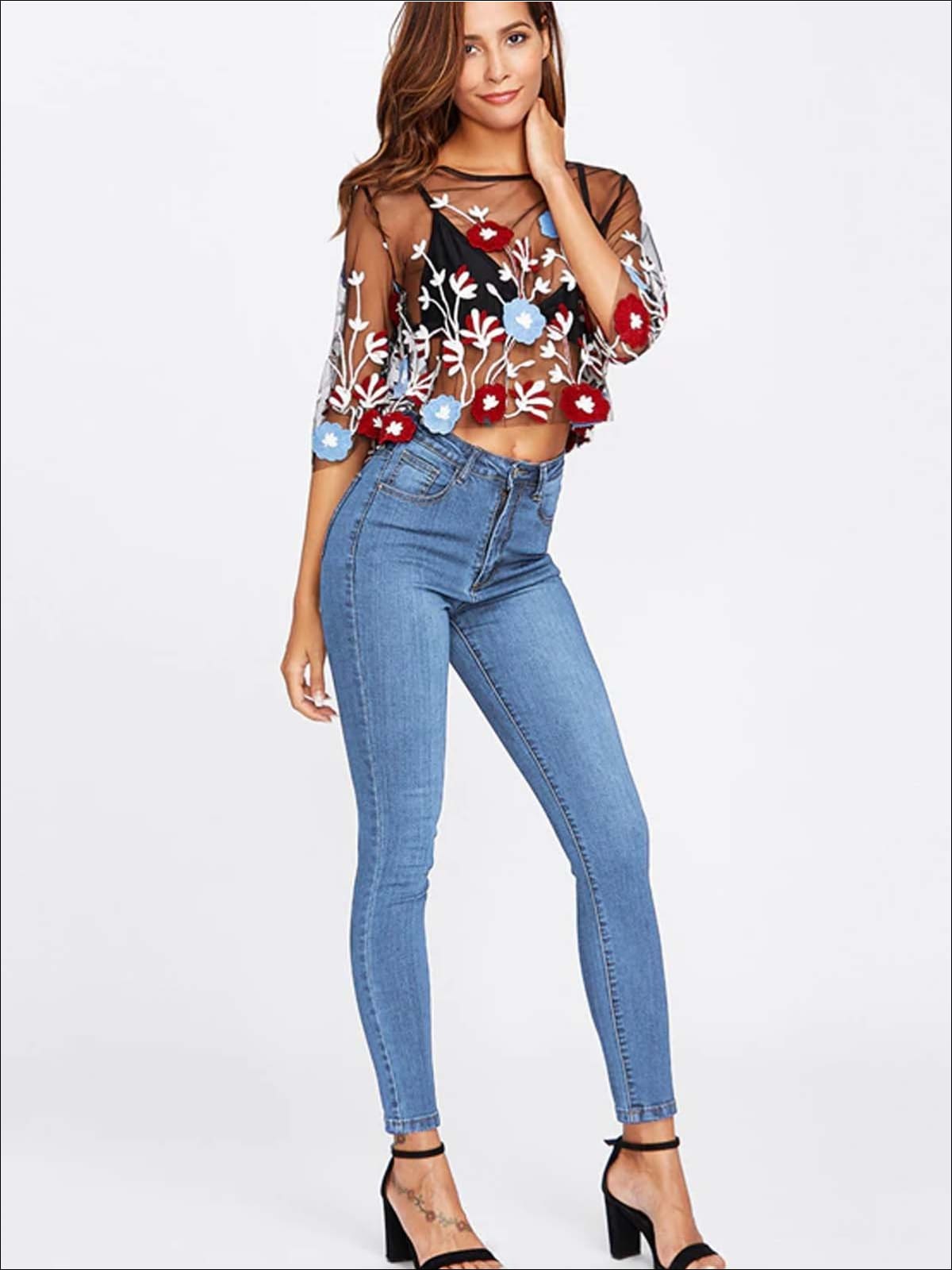 Womens Plain High Waist Button Skinny Jeans - Womens Bottoms