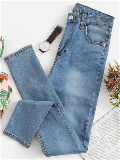 Womens Plain High Waist Button Skinny Jeans - Womens Bottoms