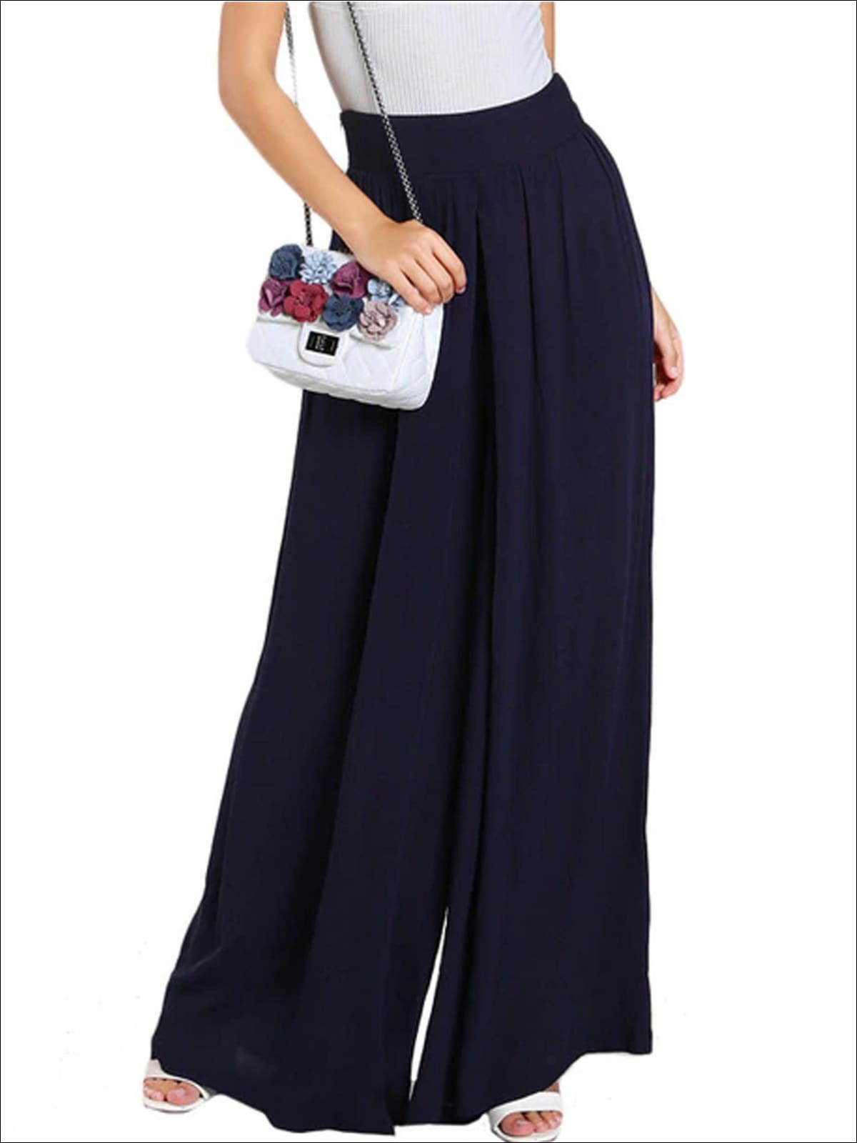 Womens Pleated High Waist Palazzo Pants - Blue / XS - Womens Bottoms