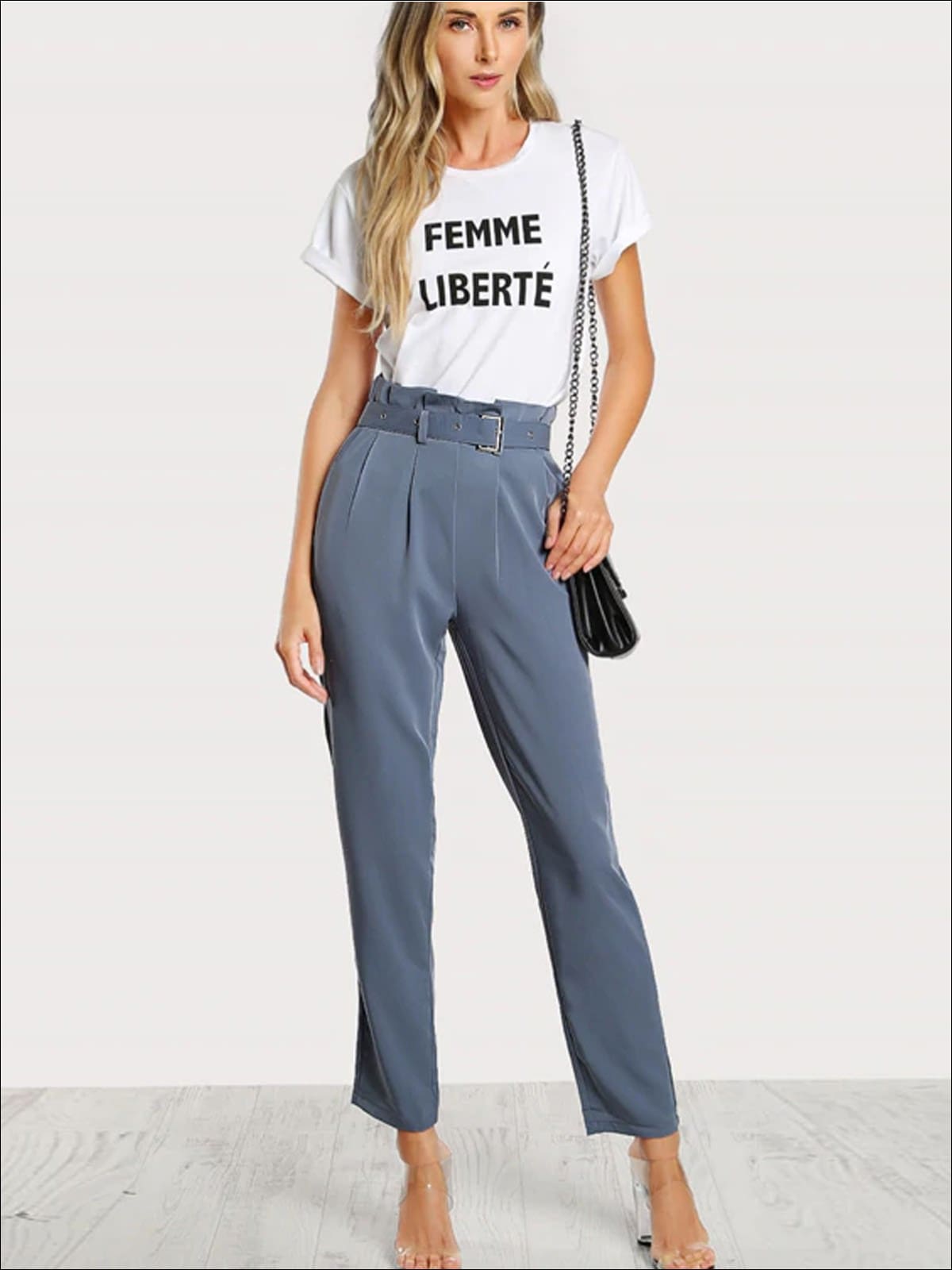 Womens Pleated Tailored Pants With Buckle Belt - Womens Bottoms