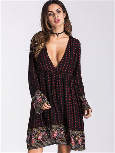 Womens Plunge Neckline Loose Boho Dress - Black / M - Womens Dresses