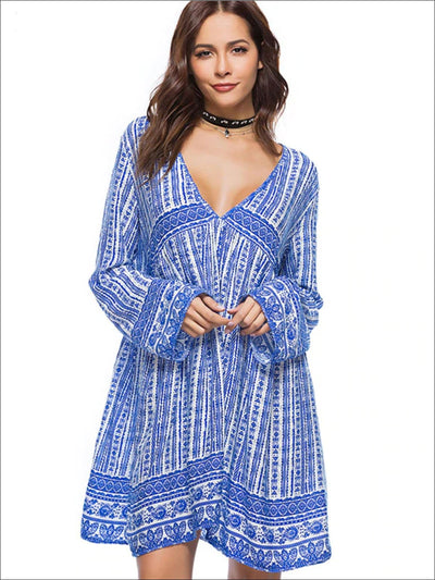 Womens Plunge Neckline Loose Boho Dress - Blue / M - Womens Dresses