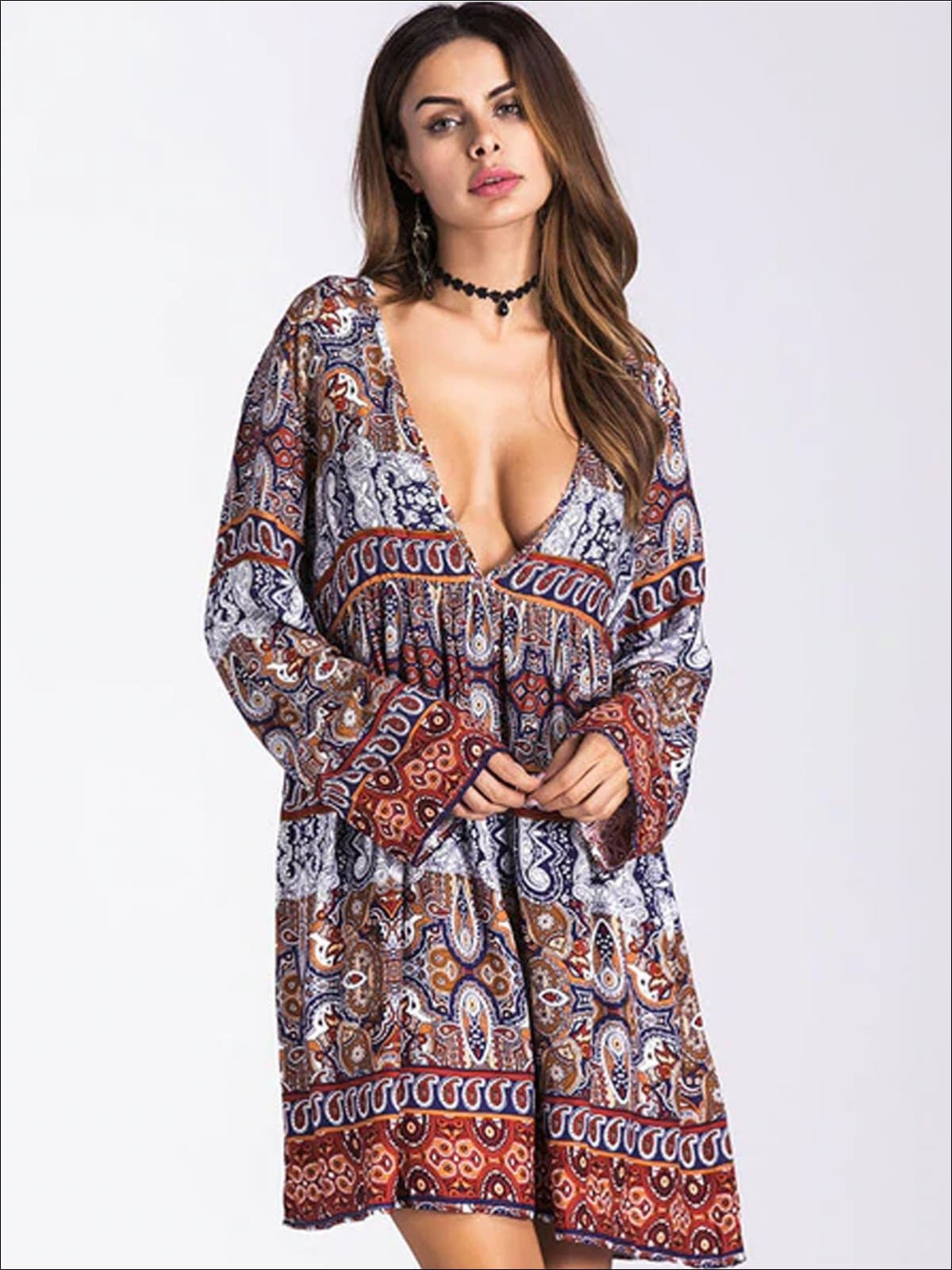 Womens Plunge Neckline Loose Boho Dress - Dark Brown / M - Womens Dresses