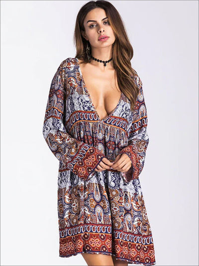 Womens Plunge Neckline Loose Boho Dress - Dark Brown / M - Womens Dresses