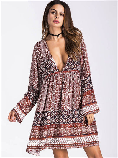 Womens Plunge Neckline Loose Boho Dress - Light Brown / M - Womens Dresses