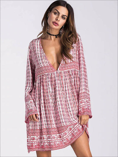 Womens Plunge Neckline Loose Boho Dress - Pink / M - Womens Dresses