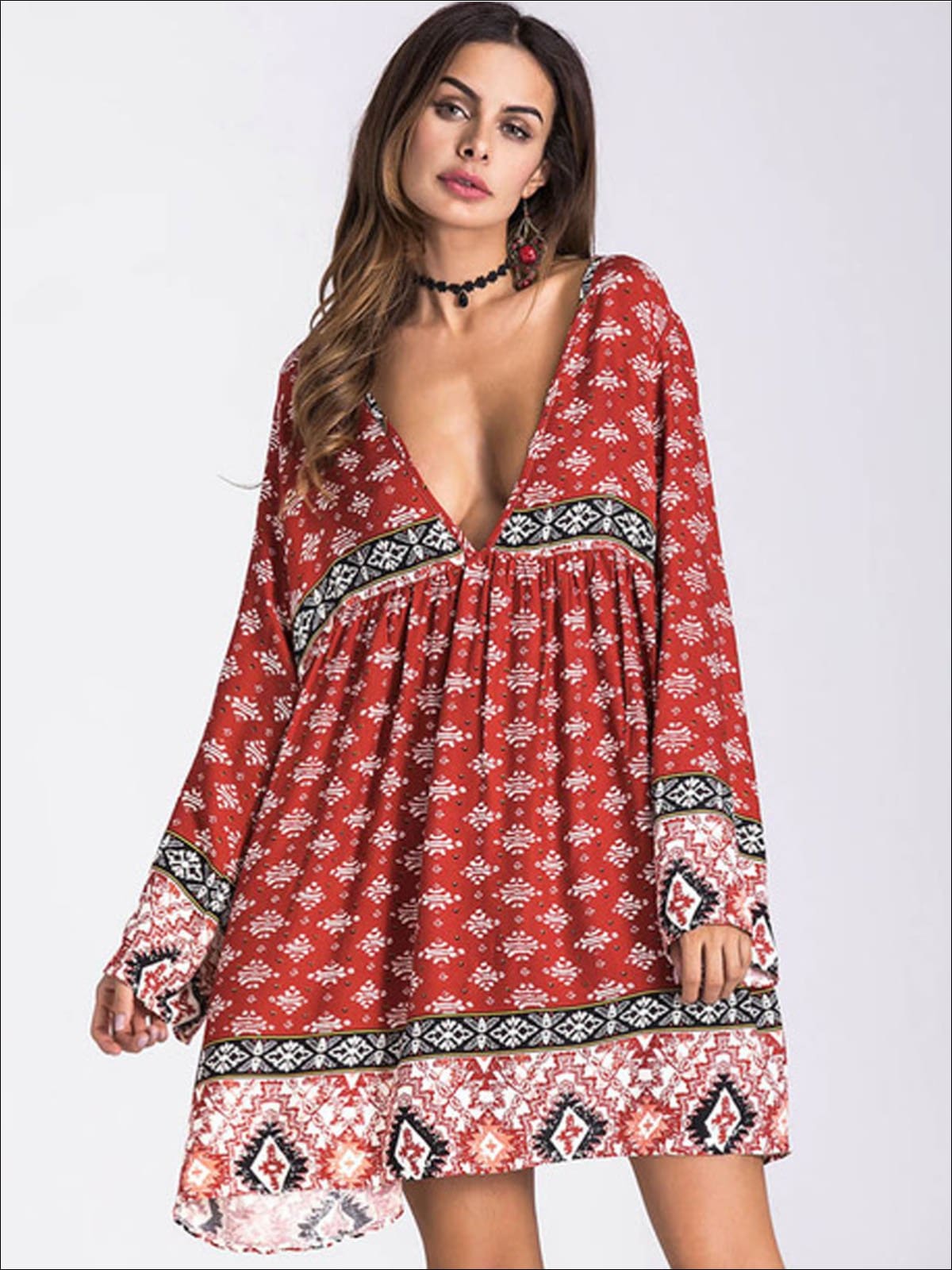 Womens Plunge Neckline Loose Boho Dress - Red / M - Womens Dresses