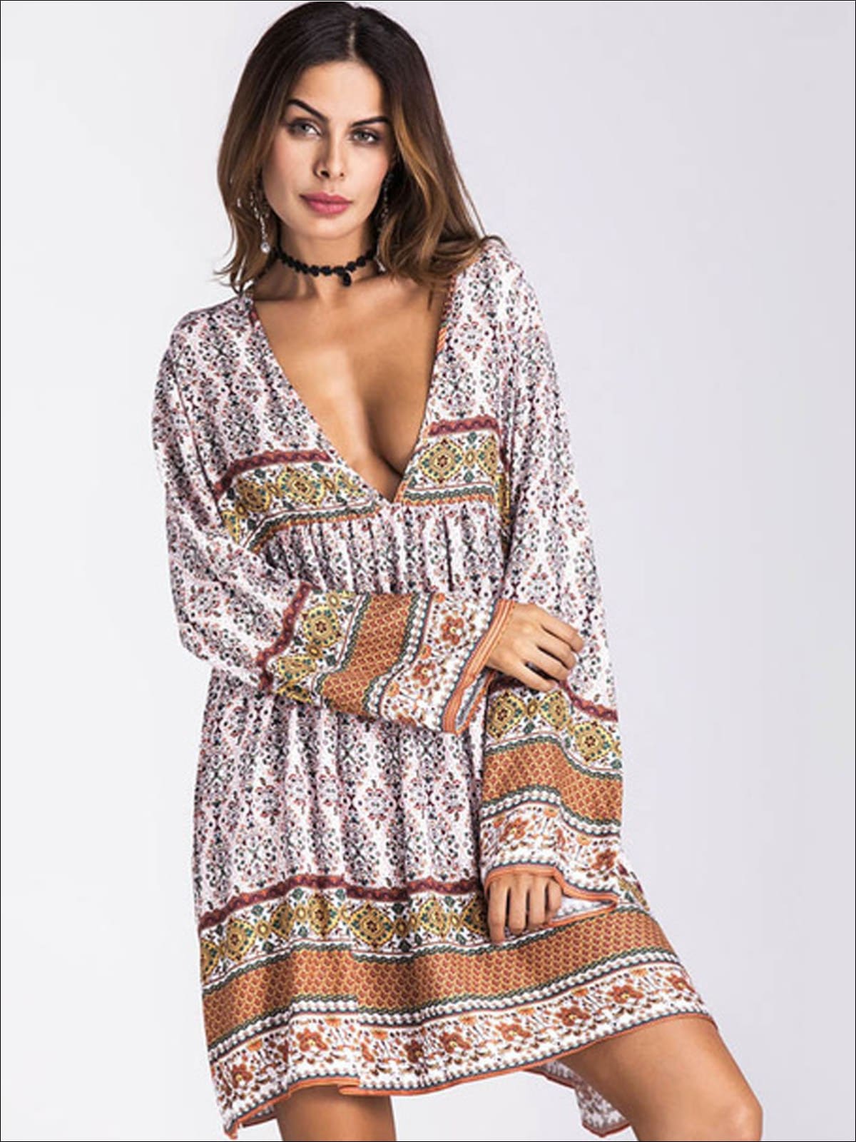 Womens Plunge Neckline Loose Boho Dress - White / M - Womens Dresses