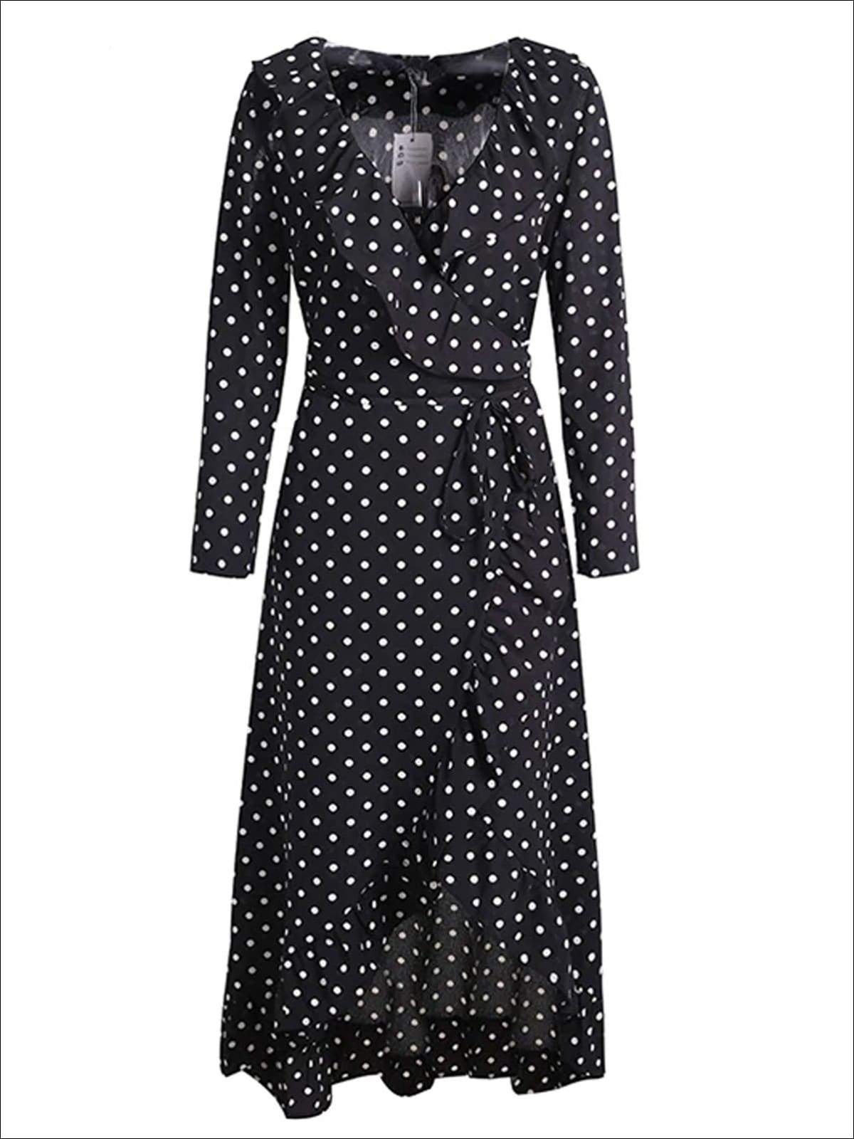 Womens Polka Dot Asymmetrical Ruffled Wrap Dress - Womens Dresses