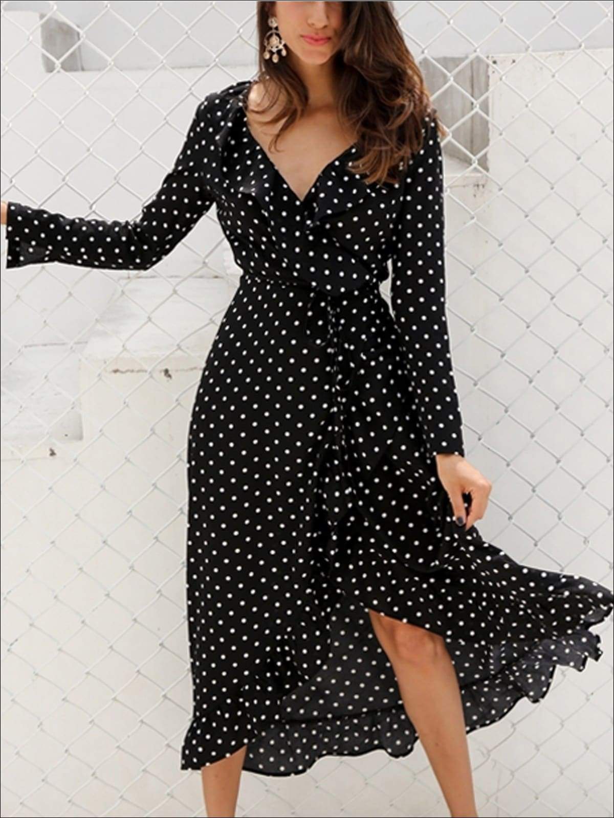 Womens Polka Dot Asymmetrical Ruffled Wrap Dress - Womens Dresses