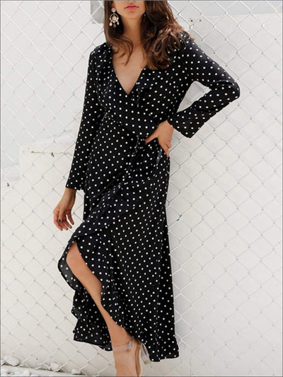 Womens Polka Dot Asymmetrical Ruffled Wrap Dress - Womens Dresses