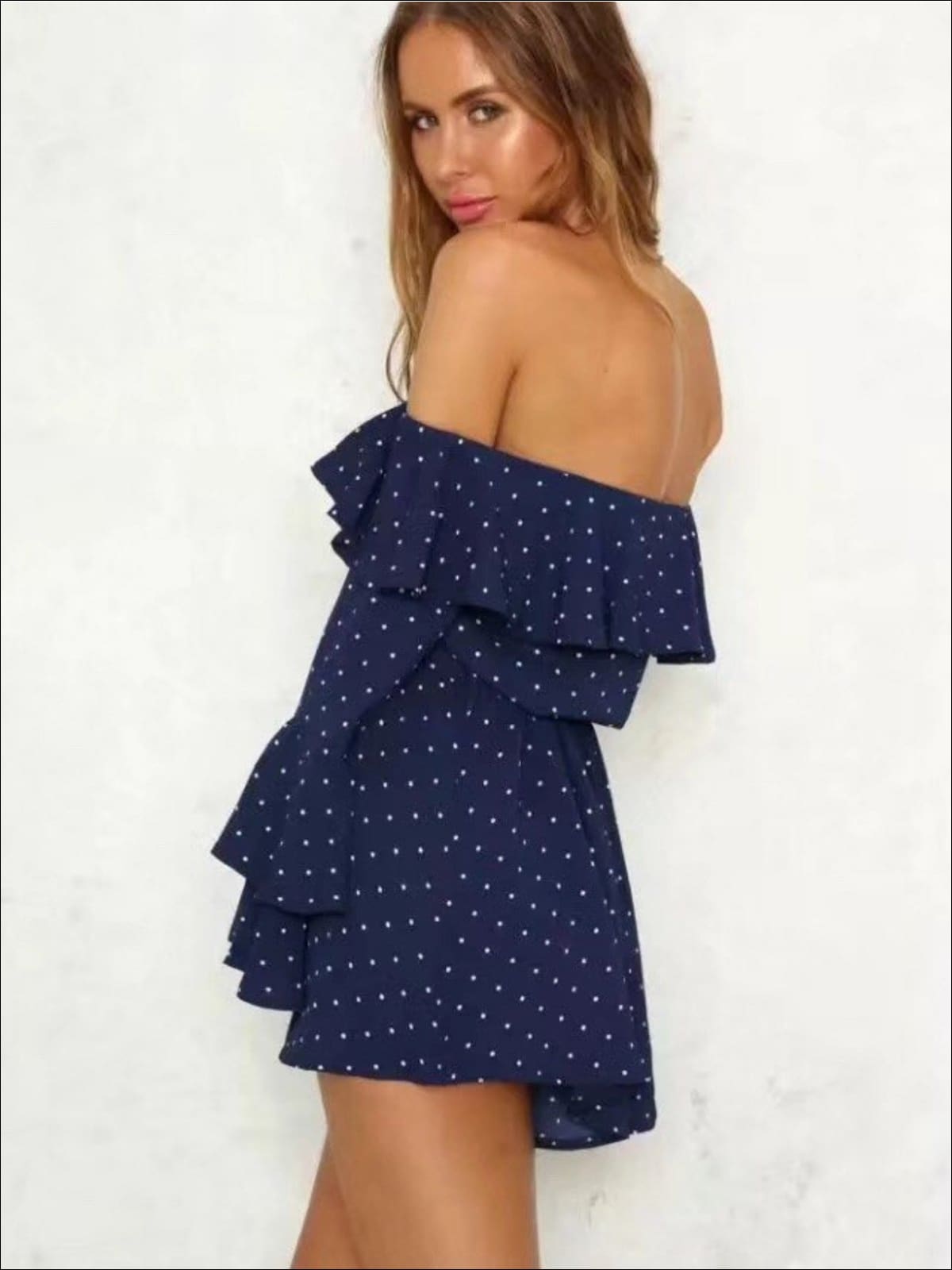 Womens Polka Dot Off The Shoulder Flare Sleeve Romper - Womens Jumpsuits