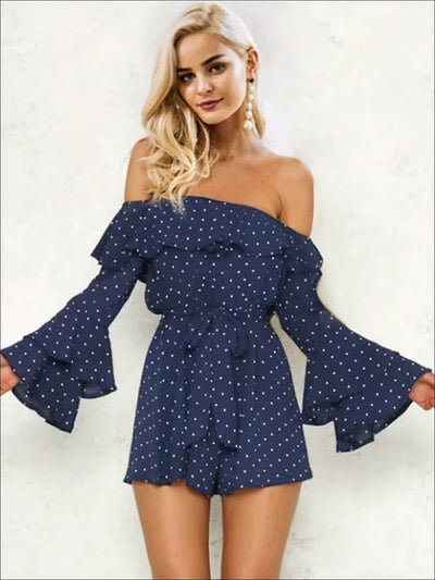 Womens Polka Dot Off The Shoulder Flare Sleeve Romper - Womens Jumpsuits