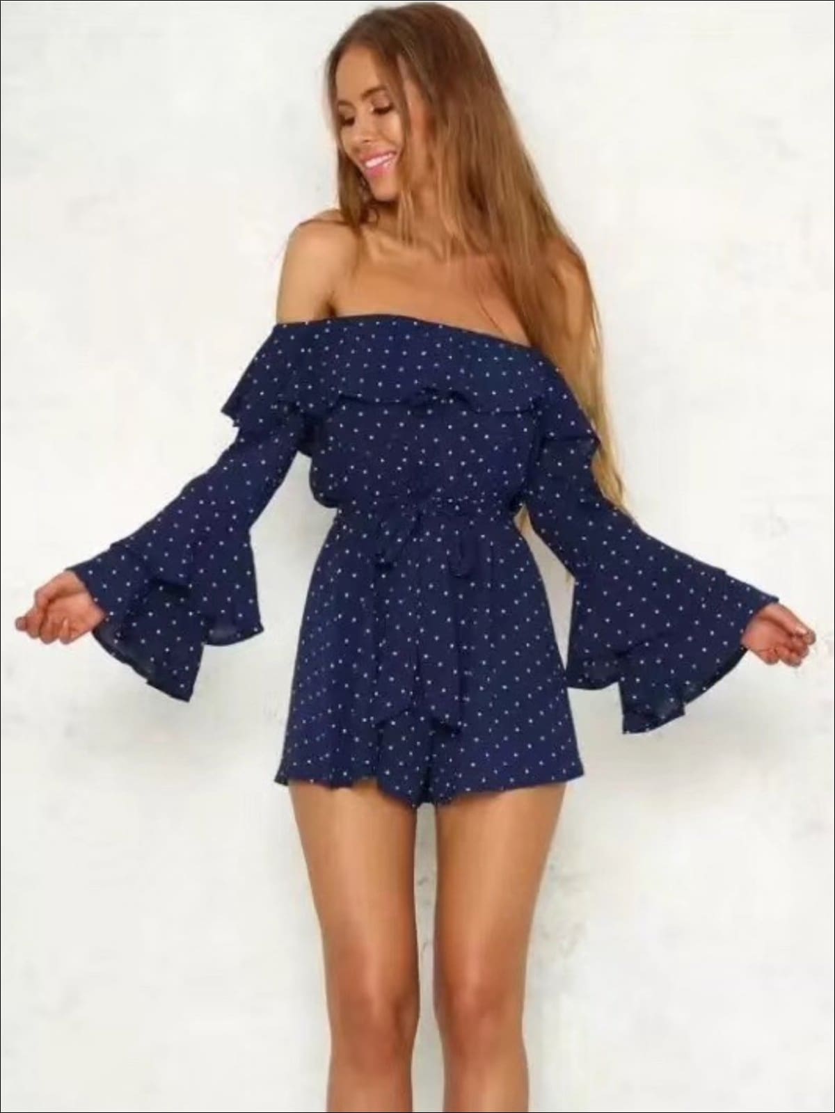 Womens Polka Dot Off The Shoulder Flare Sleeve Romper - Womens Jumpsuits