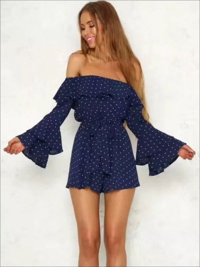 Womens Polka Dot Off The Shoulder Flare Sleeve Romper - Womens Jumpsuits