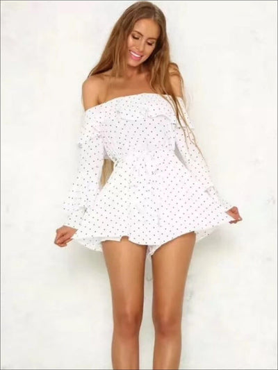 Womens Polka Dot Off The Shoulder Flare Sleeve Romper - Blue / S - Womens Jumpsuits