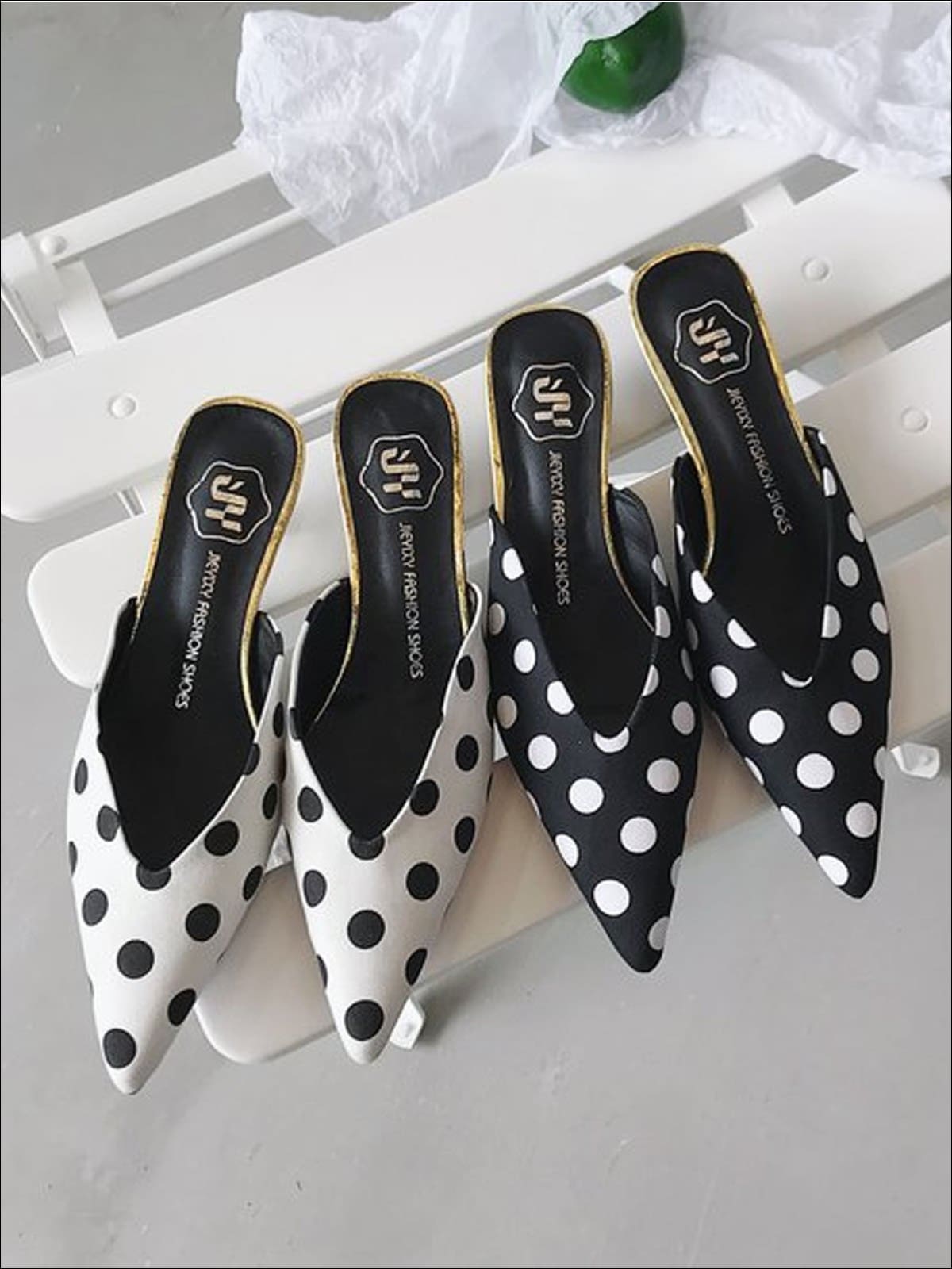 Womens Polka Dot Pointed Toe Mules with Mini Heel - Womens Shoes