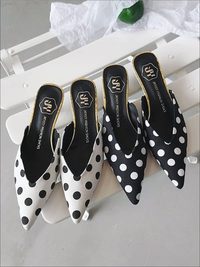 Womens Polka Dot Pointed Toe Mules with Mini Heel - Womens Shoes