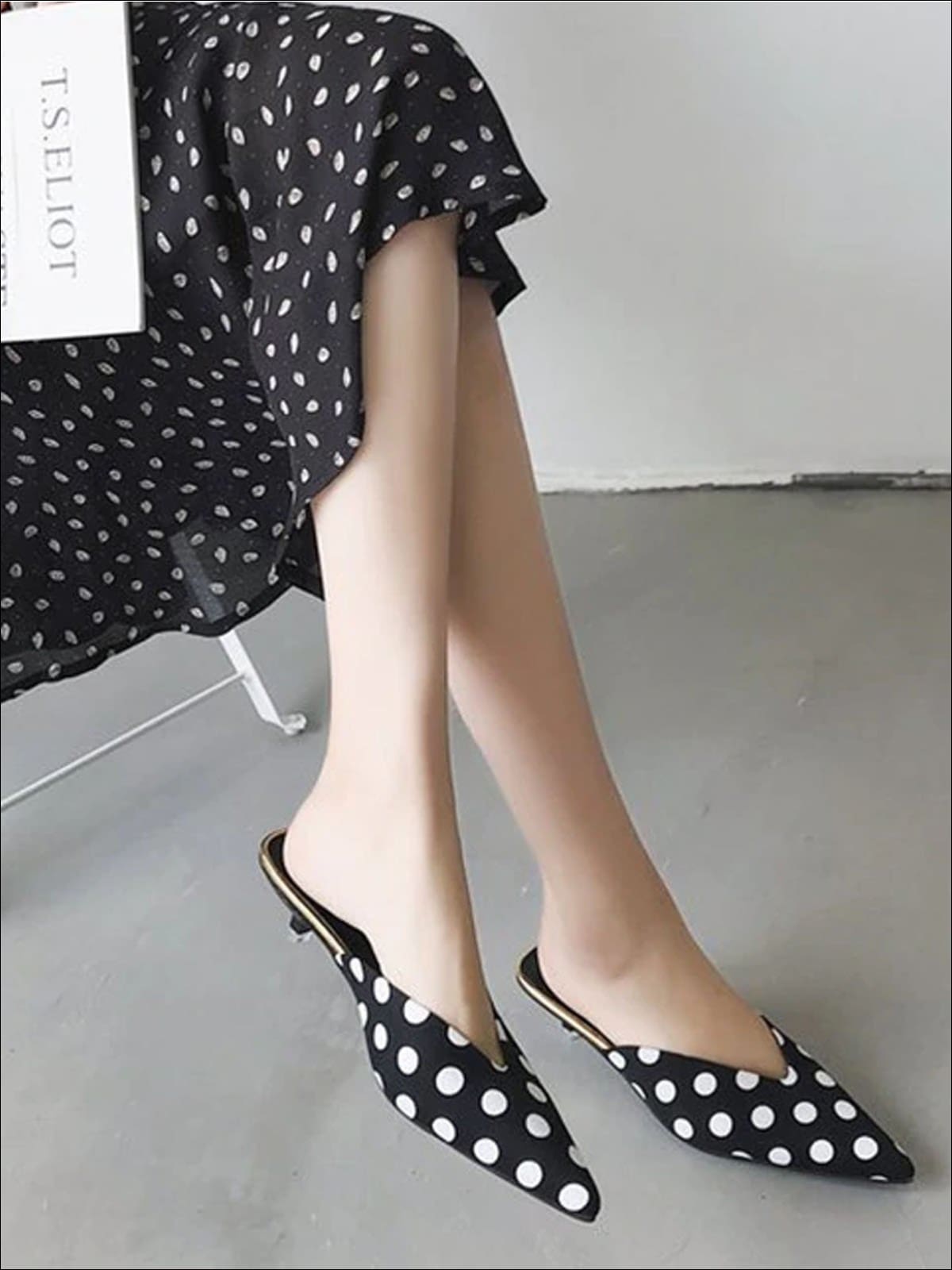 Womens Polka Dot Pointed Toe Mules with Mini Heel - Womens Shoes