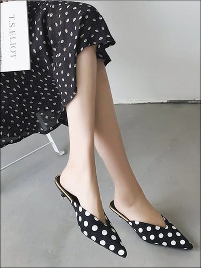 Womens Polka Dot Pointed Toe Mules with Mini Heel - Womens Shoes