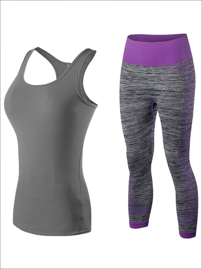 Womens Racerback Top & Marled Capri Leggings Set - Grey/Purple / S - Womens Activewear