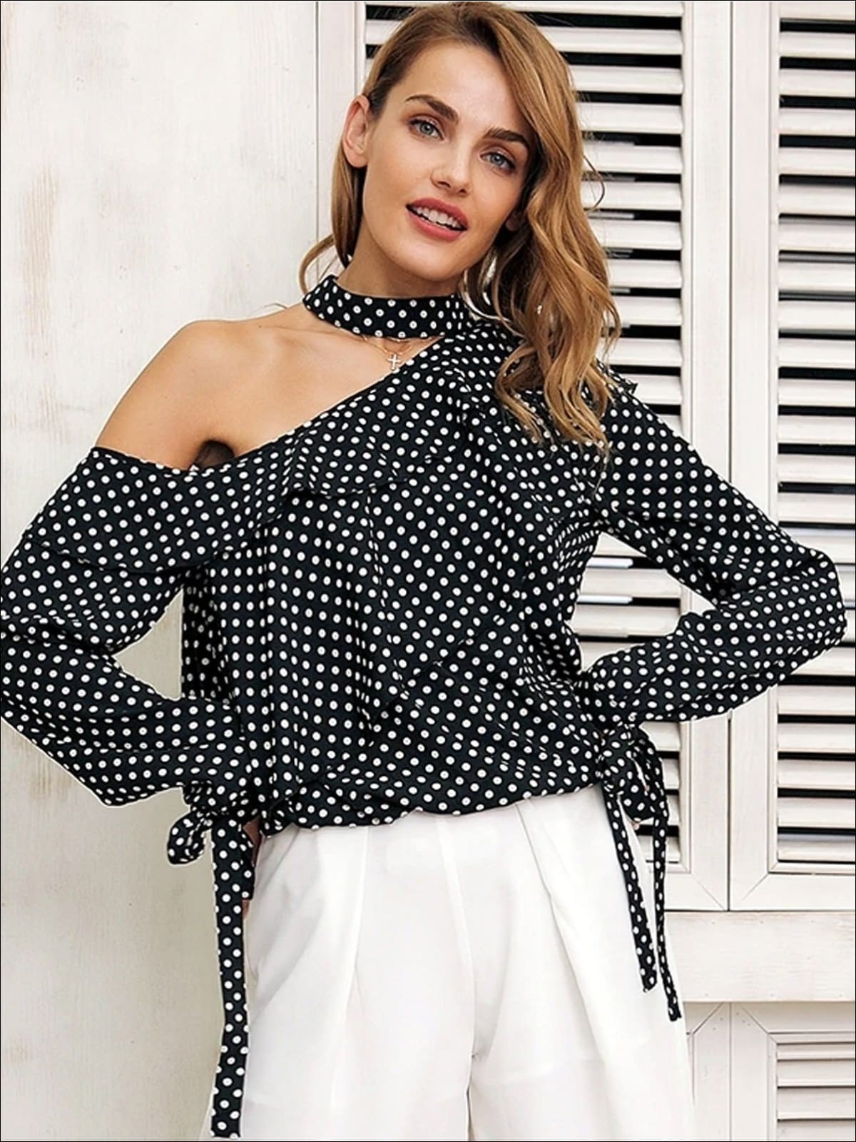 Womens Retro One Shoulder Ruffled Chiffon Blouse - Womens Tops