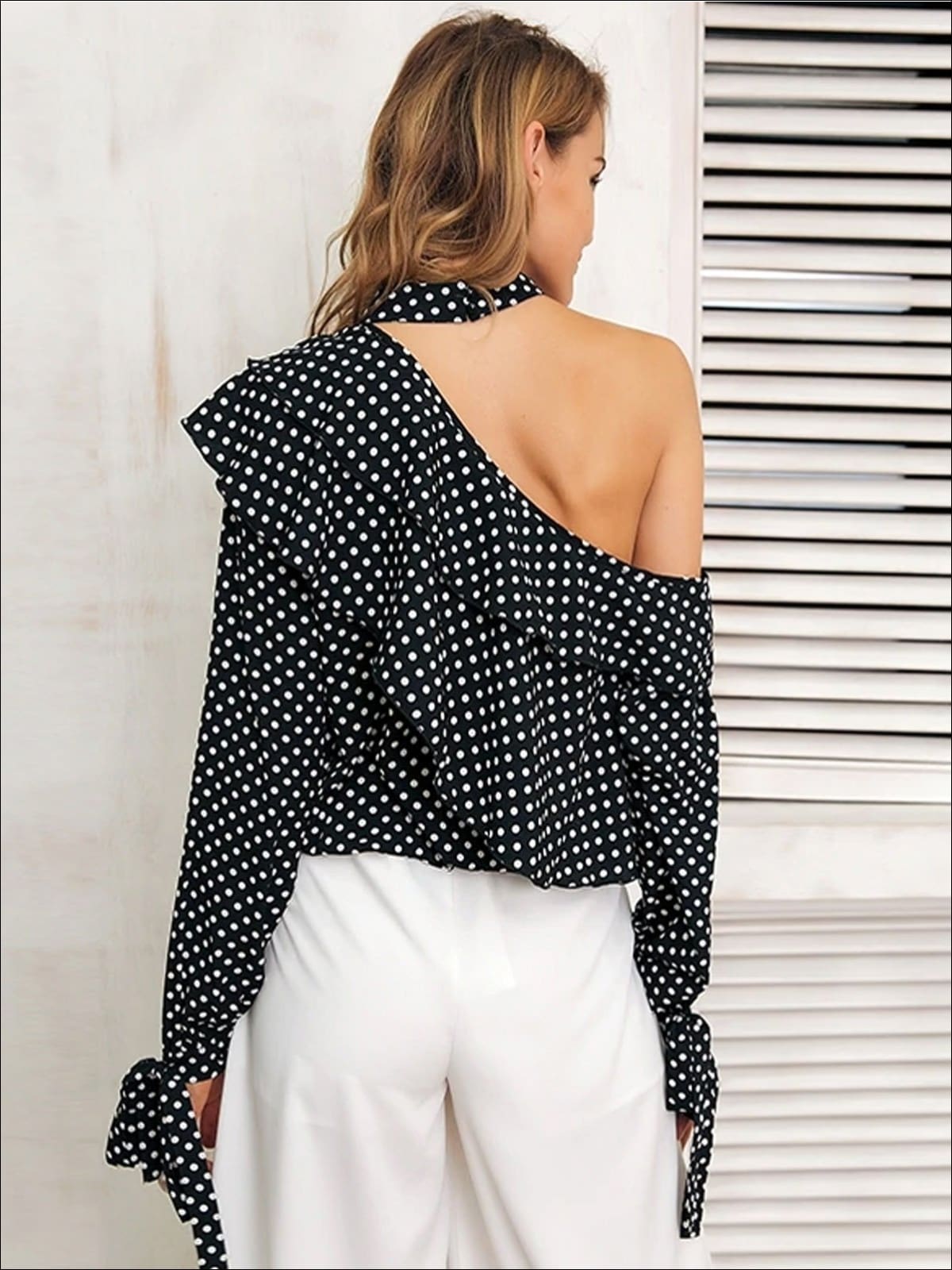 Womens Retro One Shoulder Ruffled Chiffon Blouse - Womens Tops