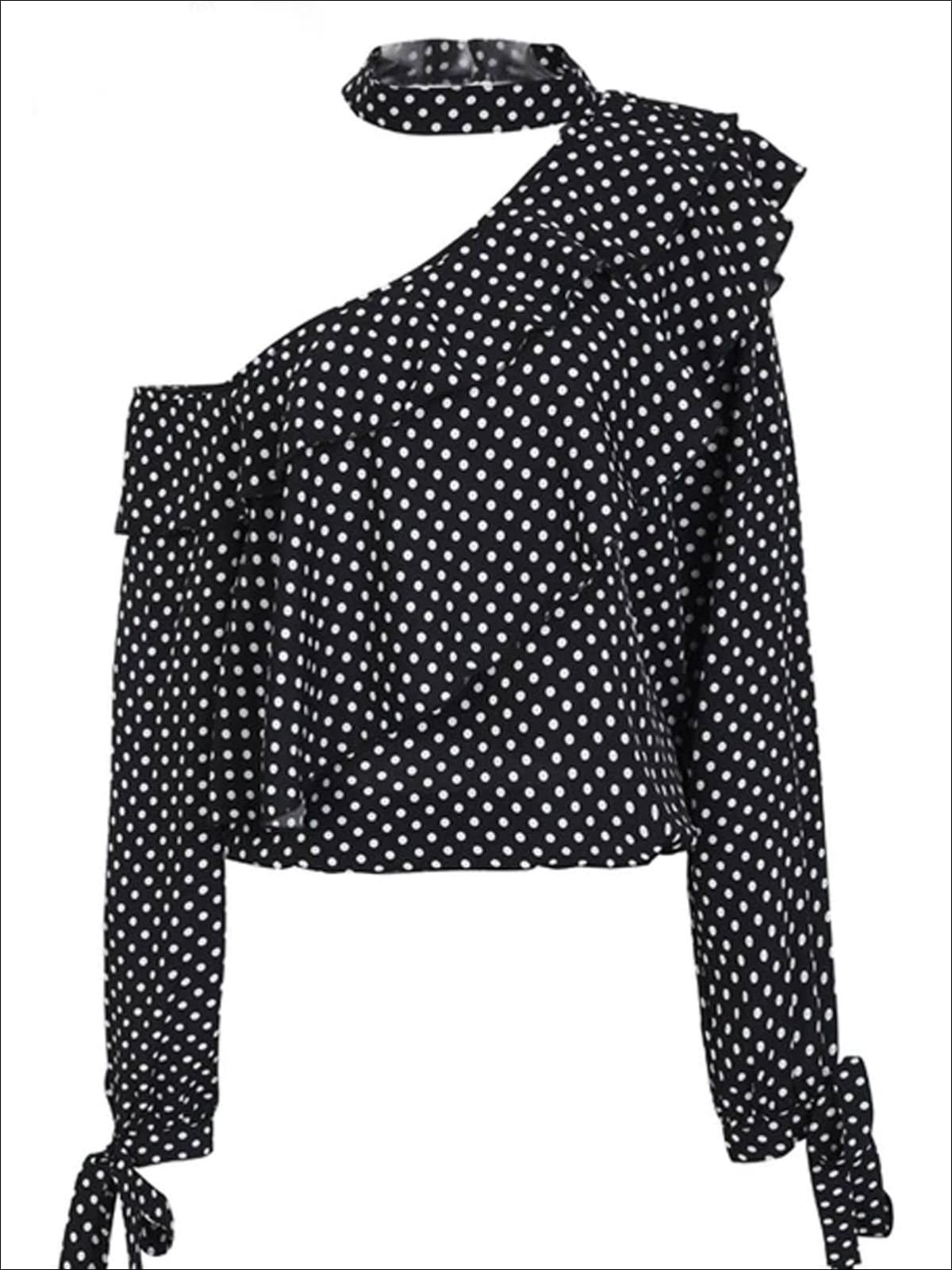 Womens Retro One Shoulder Ruffled Chiffon Blouse - Black / S - Womens Tops