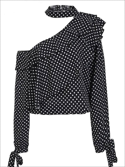 Womens Retro One Shoulder Ruffled Chiffon Blouse - Black / S - Womens Tops