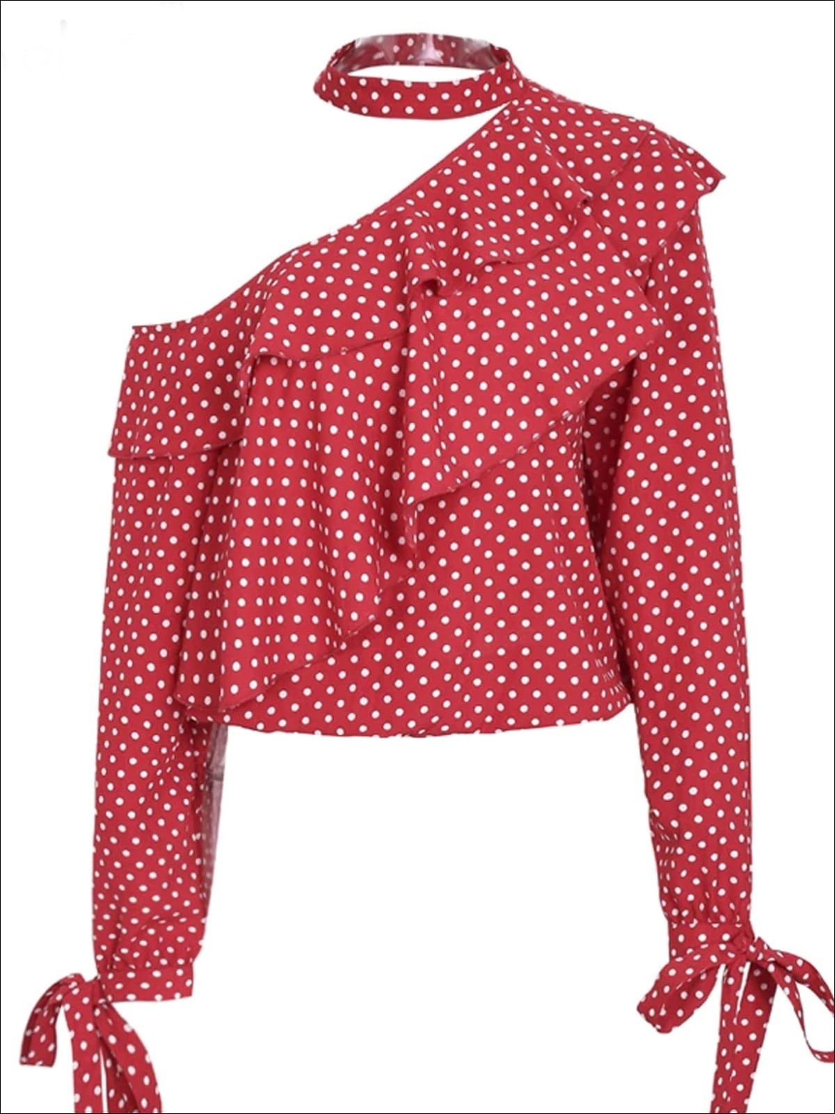 Womens Retro One Shoulder Ruffled Chiffon Blouse - Red / S - Womens Tops