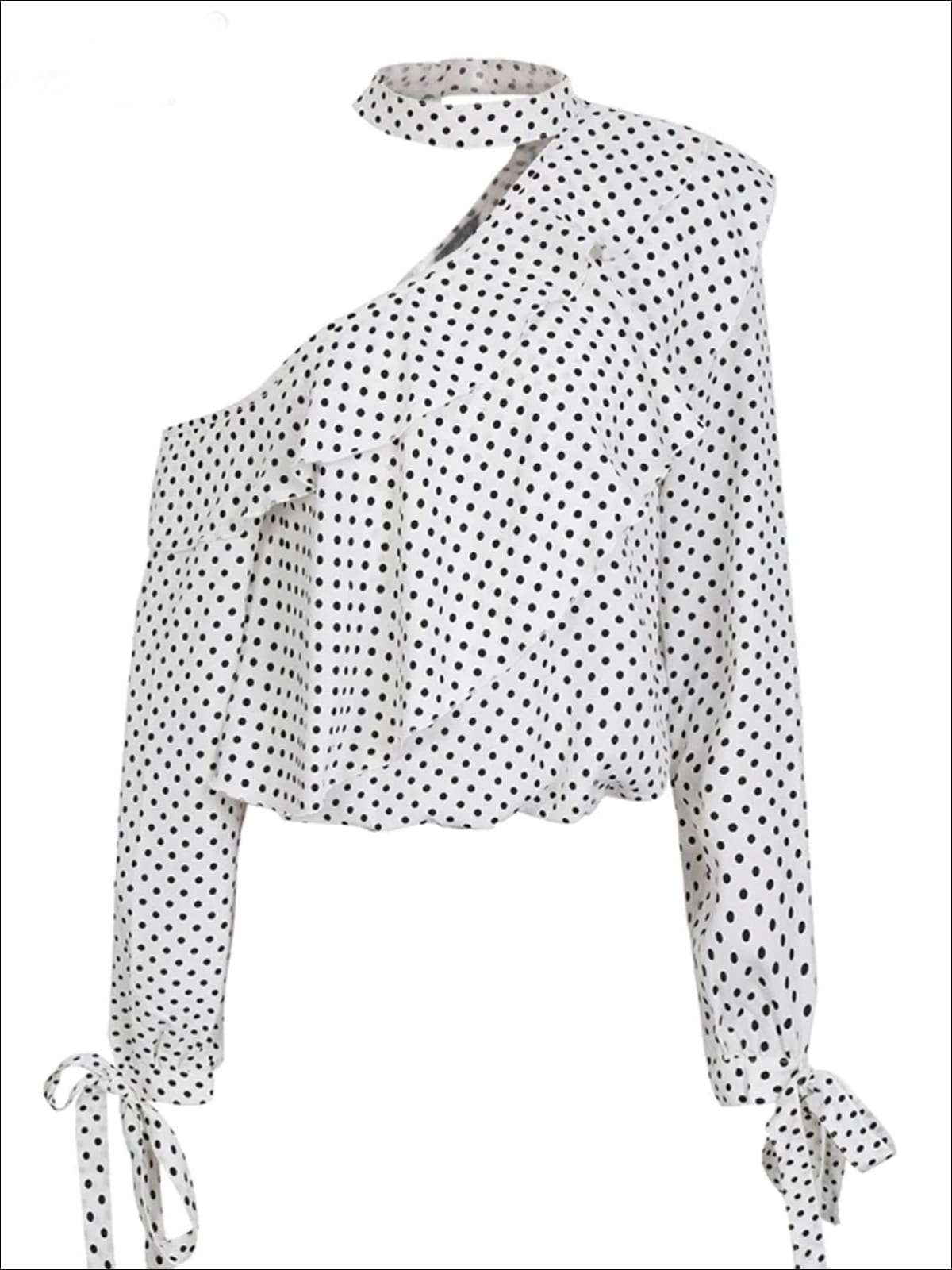 Womens Retro One Shoulder Ruffled Chiffon Blouse - White / S - Womens Tops