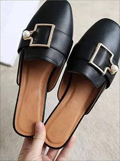 Womens Round Toe Metal Pearl Embellished Mules - Womens Shoes