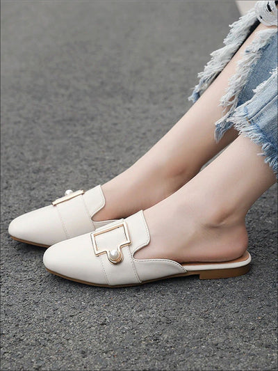 Womens Round Toe Metal Pearl Embellished Mules - Womens Shoes