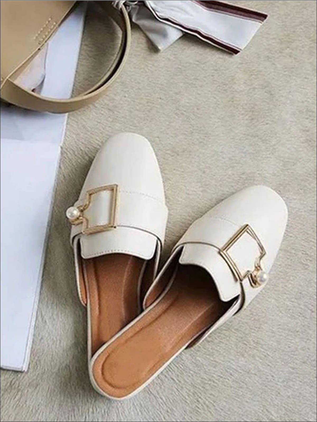 Womens Round Toe Metal Pearl Embellished Mules - Beige / 5 - Womens Shoes