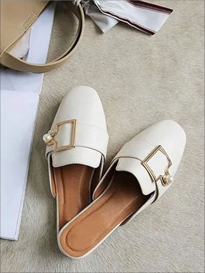 Womens Round Toe Metal Pearl Embellished Mules - Beige / 5 - Womens Shoes