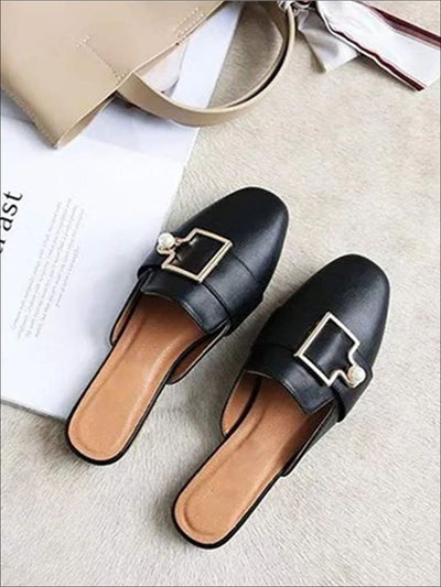 Womens Round Toe Metal Pearl Embellished Mules - Black / 5 - Womens Shoes