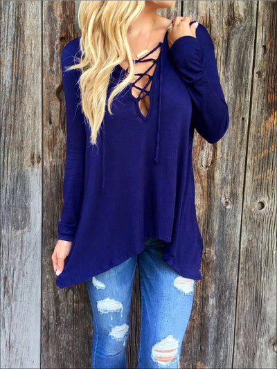 Womens Royal Blue Long Sleeve Criss Cross Neck Deep V Tunic - Blue / S - Womens Tops