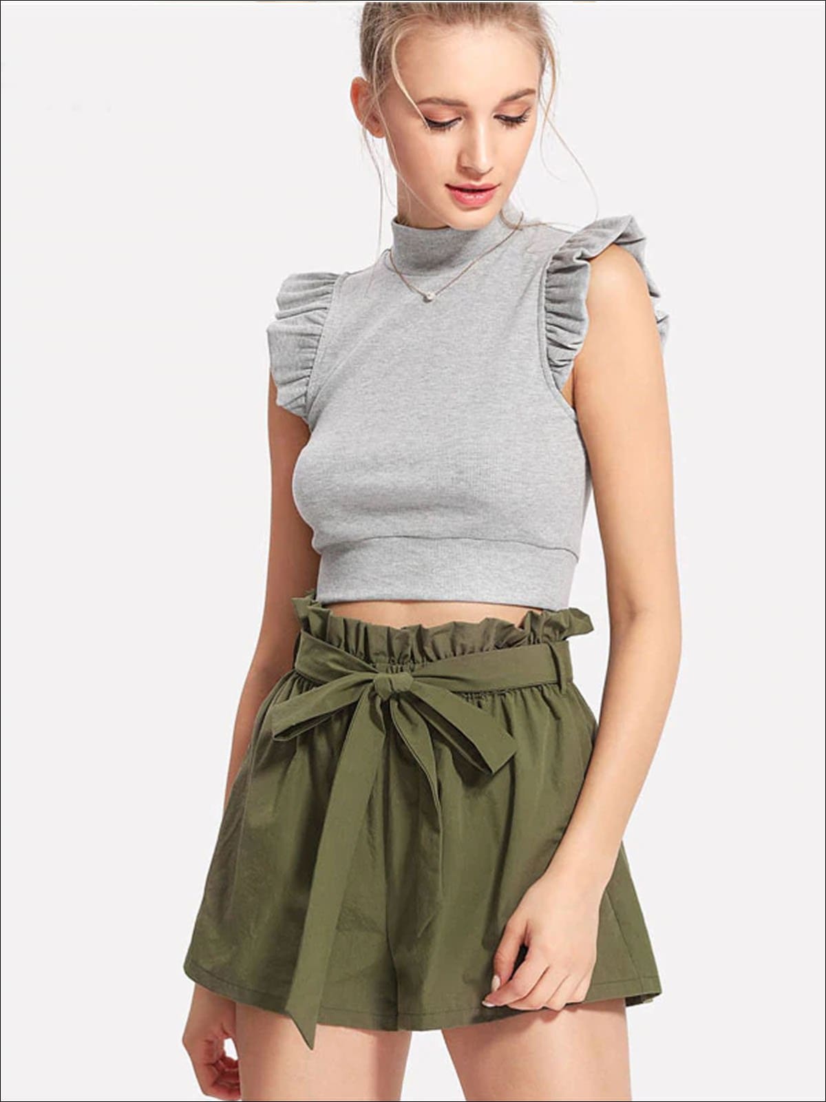 Womens Ruffle Tie Up Waist Wide Leg Shorts - Womens Bottoms