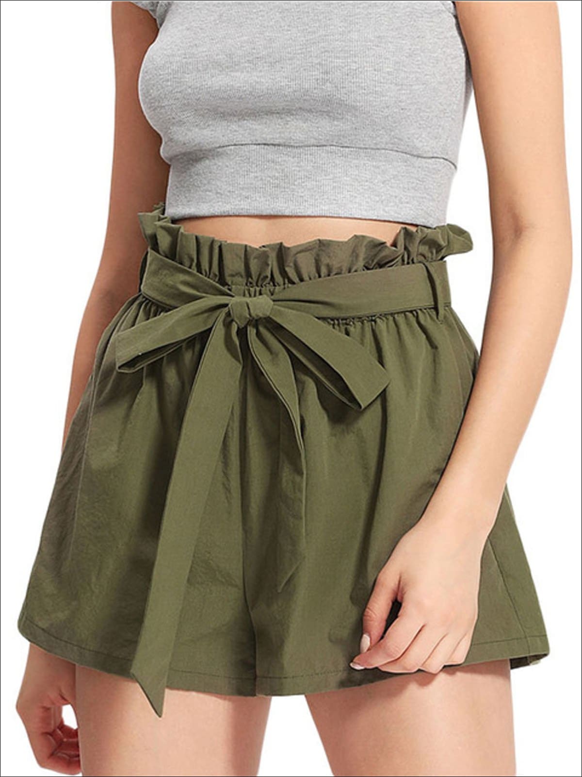 Womens Ruffle Tie Up Waist Wide Leg Shorts - Green / XS - Womens Bottoms