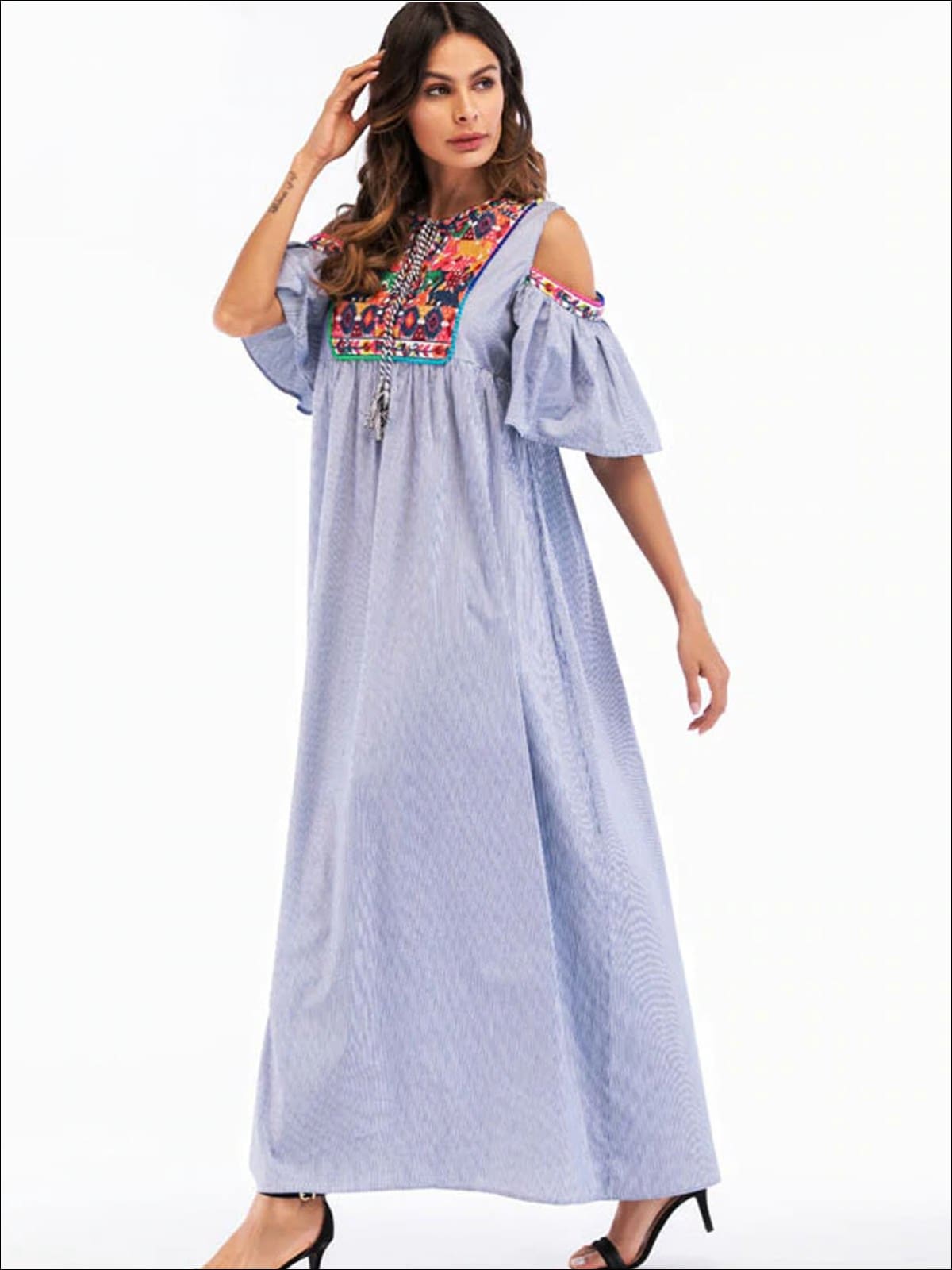 Womens Ruffled Cold Shoulder Maxi Dress With Embroidery Details - Womens Dresses