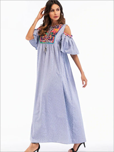 Womens Ruffled Cold Shoulder Maxi Dress With Embroidery Details - Womens Dresses