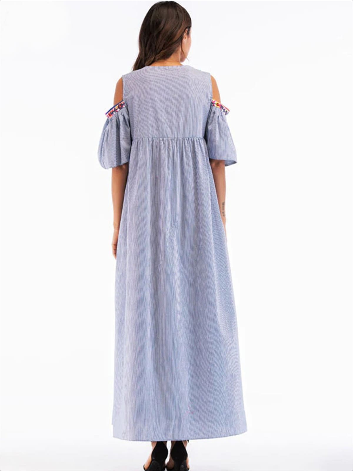 Womens Ruffled Cold Shoulder Maxi Dress With Embroidery Details - Womens Dresses