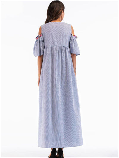 Womens Ruffled Cold Shoulder Maxi Dress With Embroidery Details - Womens Dresses