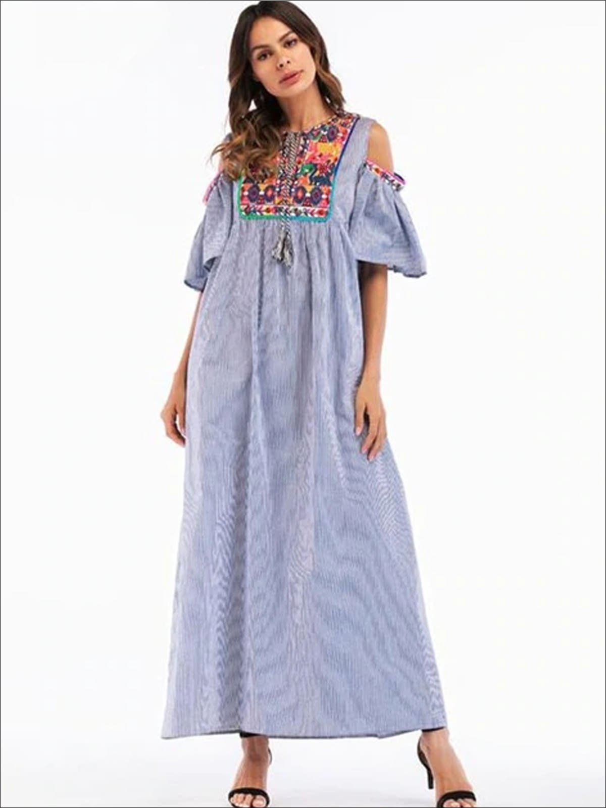 Womens Ruffled Cold Shoulder Maxi Dress With Embroidery Details - Blue / S/M - Womens Dresses