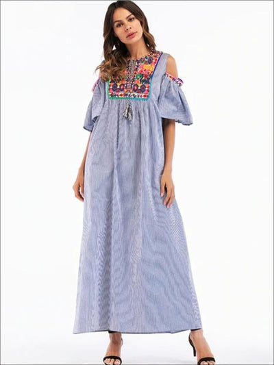 Womens Ruffled Cold Shoulder Maxi Dress With Embroidery Details - Blue / S/M - Womens Dresses