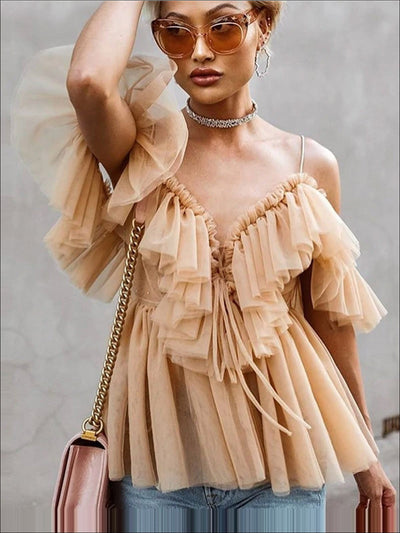 Womens Ruffled Cold Shoulder Peplum Mesh Blouse - Womens Tops